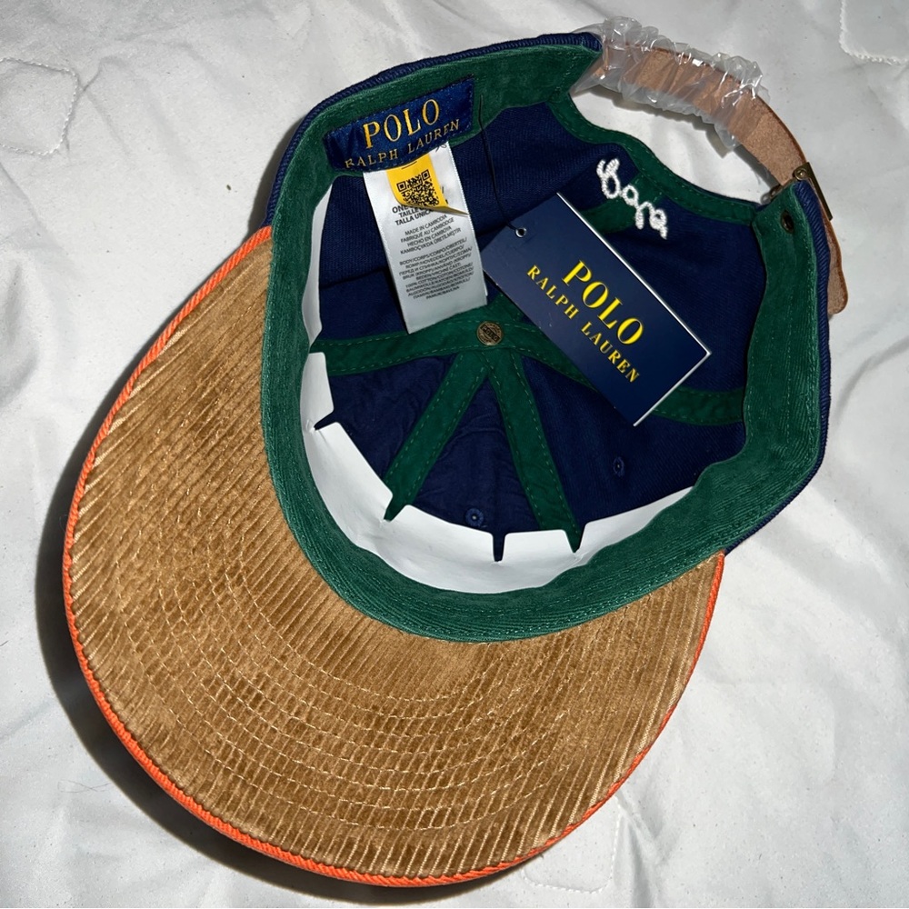 Polo Ralph Lauren Varsity Embroidered Logo Corduroy Leather Strap Blue Hat Cap - Picture 5 of 5